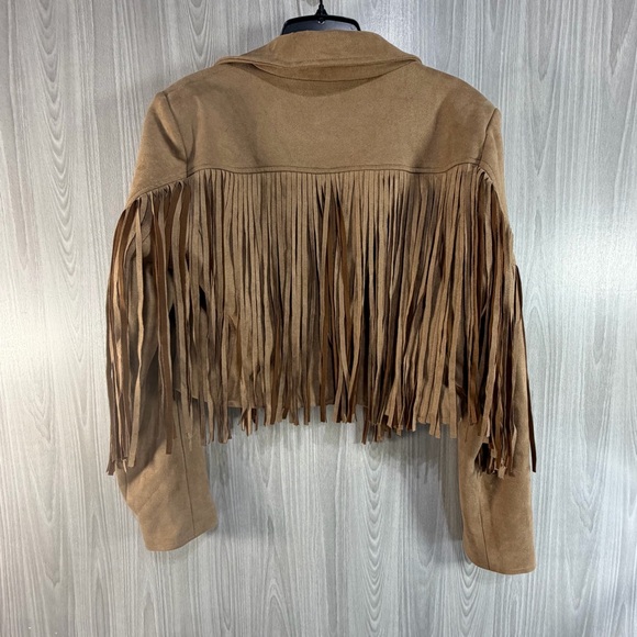 Altar’d State Fringe Cropped Faux Suede Jacket Tan Boho Western Sz Small Women's - Picture 2 of 7